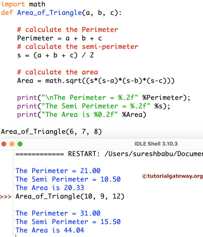 Program to find Area of a Triangle using functions