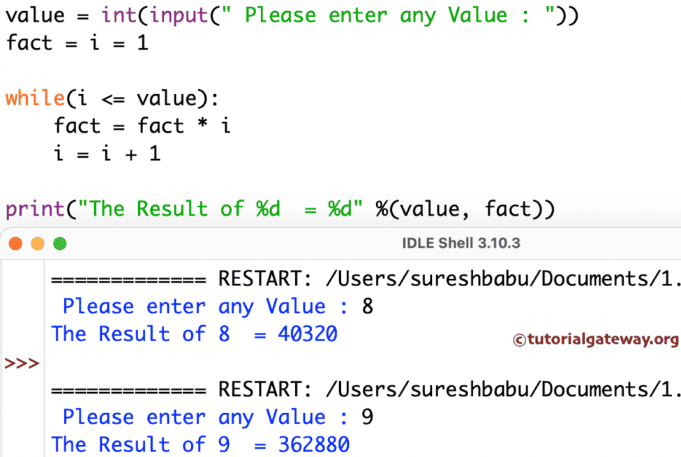 Program to find Factorial of a Number using while Loop