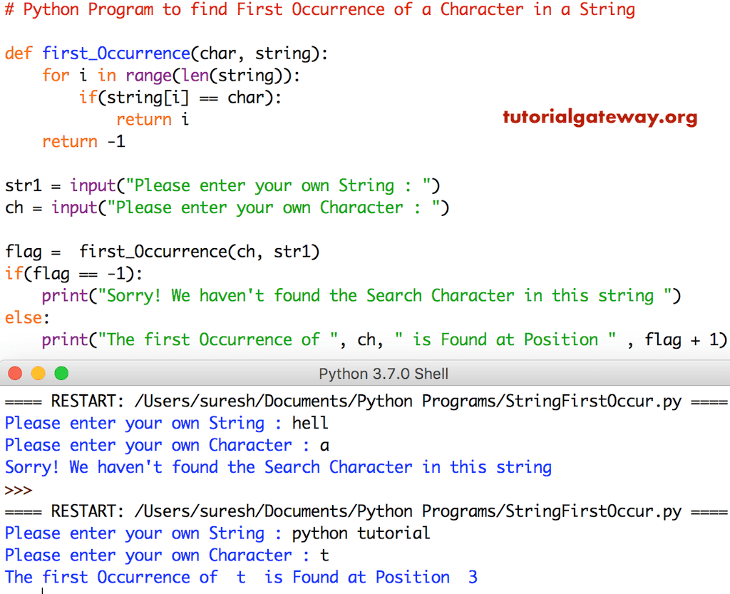 Python Program to find First Occurrence of a Character in a String