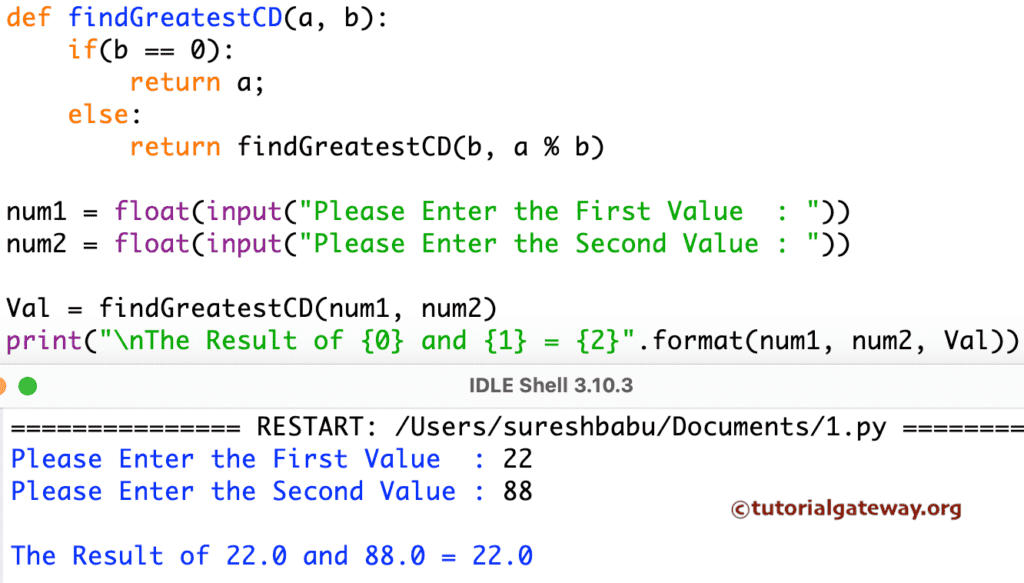 Program to find GCD of Two Numbers using recursion