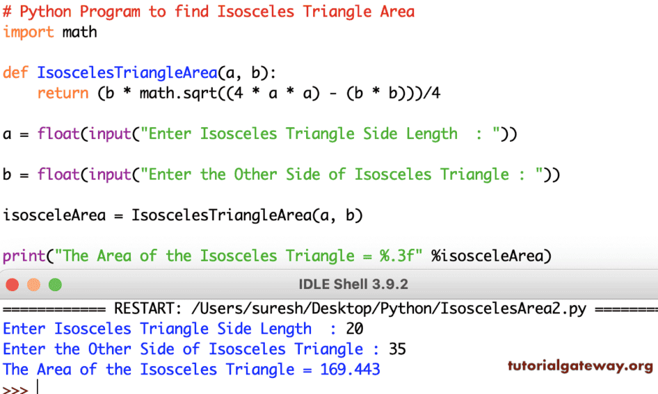 Python Program to find Isosceles Triangle Area