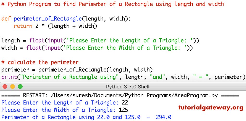 Python Program to find Perimeter of a Rectangle using length and width