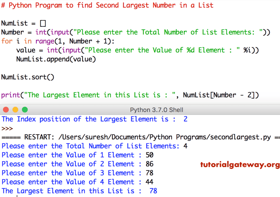 Program to find Second Largest Number in a List using sort() function