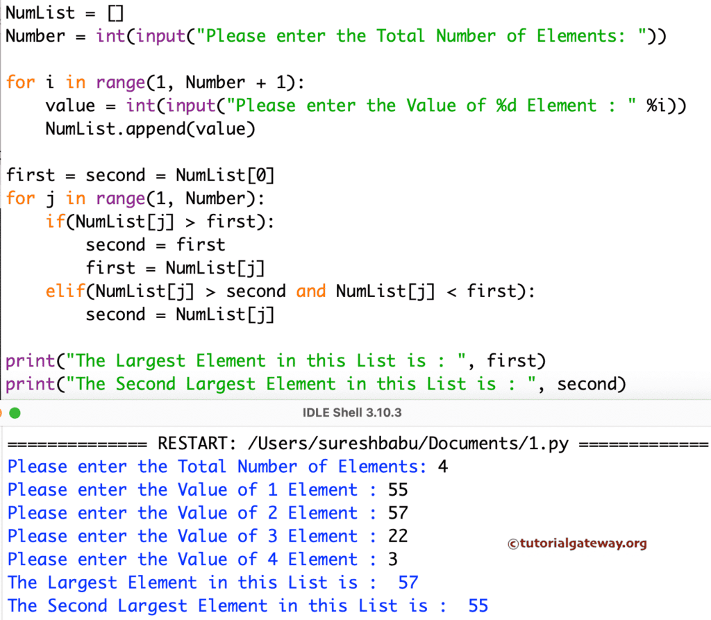 Program to find Second Largest Number in a List using for loop