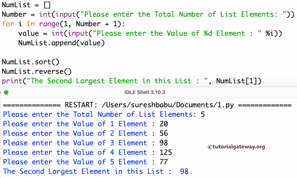 Second Largest Number in a List using reverse