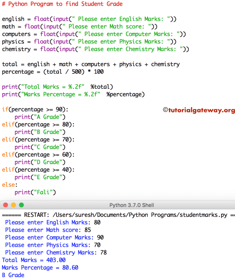 Program to find Student Grade