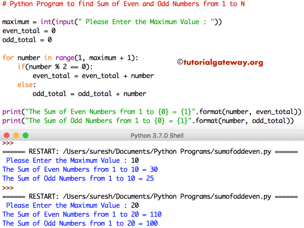Python Program to find Sum of Even and Odd Numbers from 1 to N