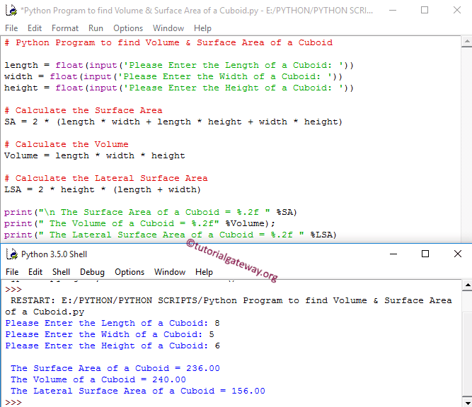 Python Program to find Volume and Surface Area of Cuboid 1