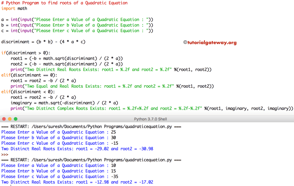 Python Program to find roots of a Quadratic Equation