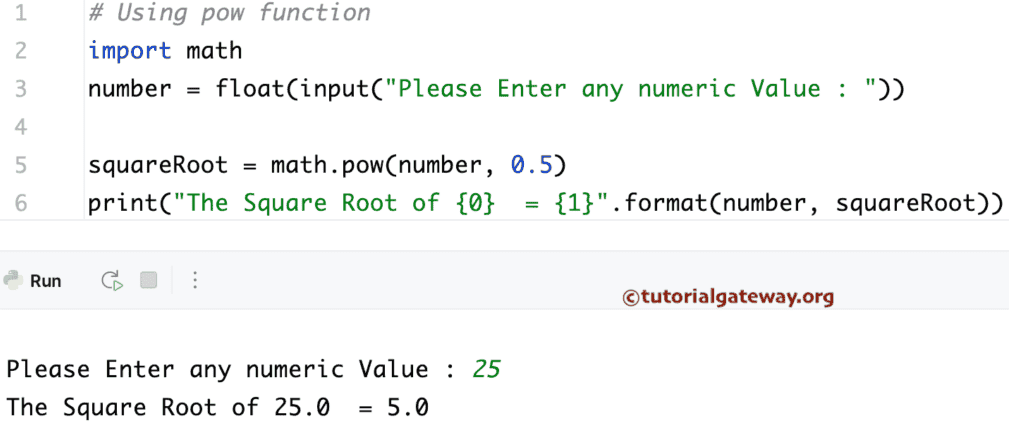 find the Square root of a Number using math pow() function