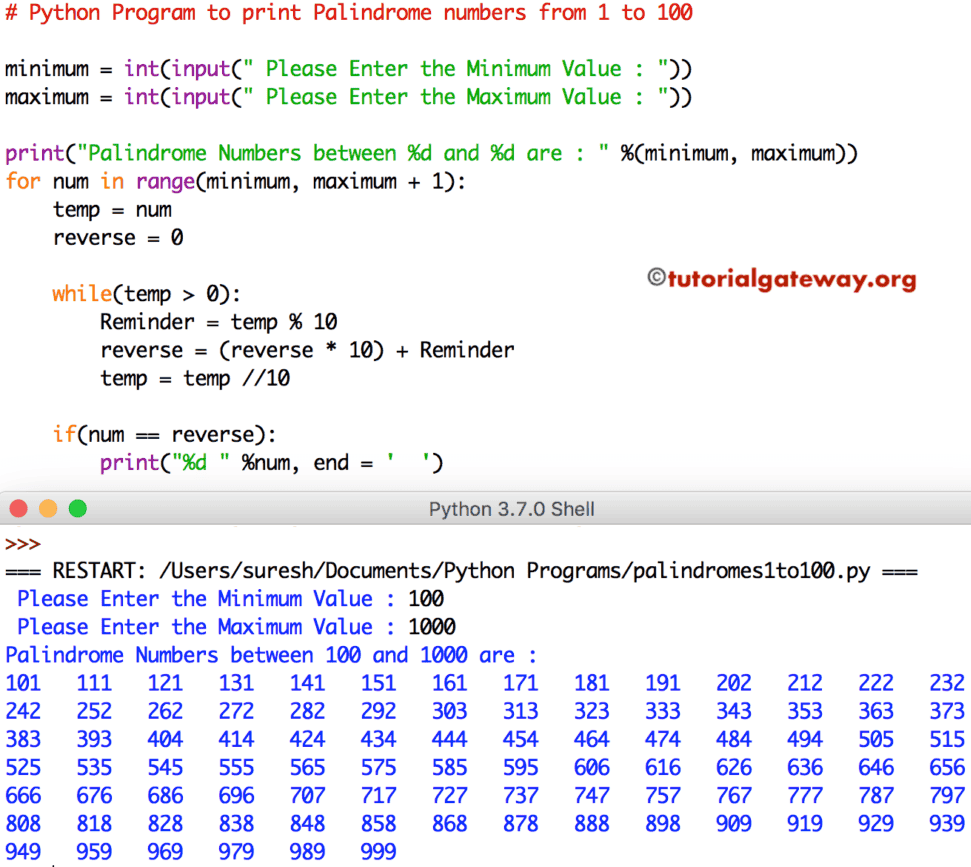Python Program to print Palindrome numbers from 1 to 100 N