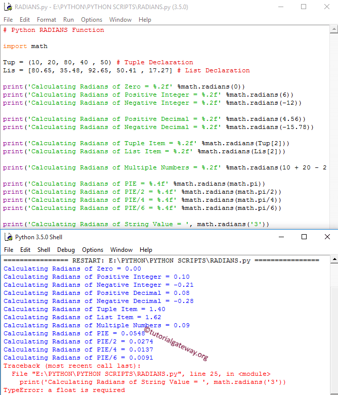 radians Function Example