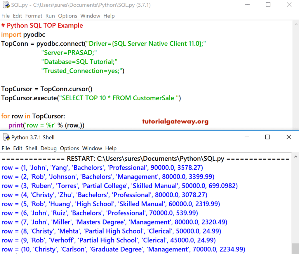 Python SQL Select Top 10 Rows Example