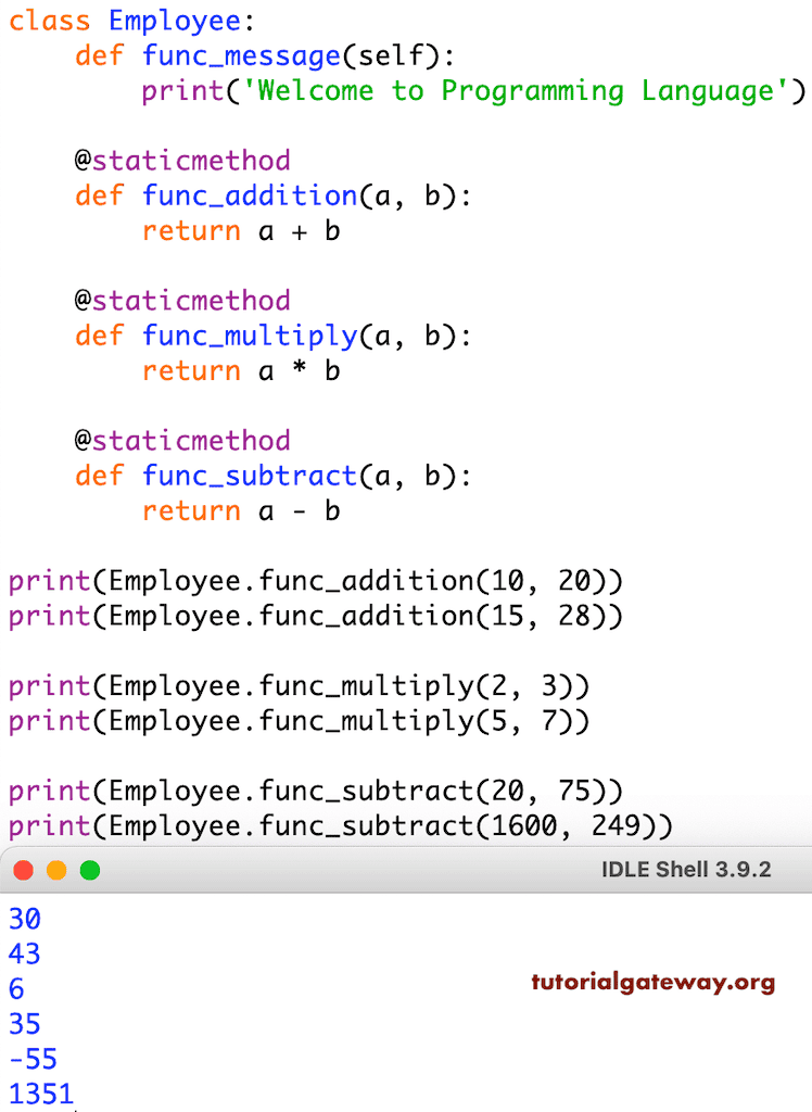 Static Method @staticmethod Example