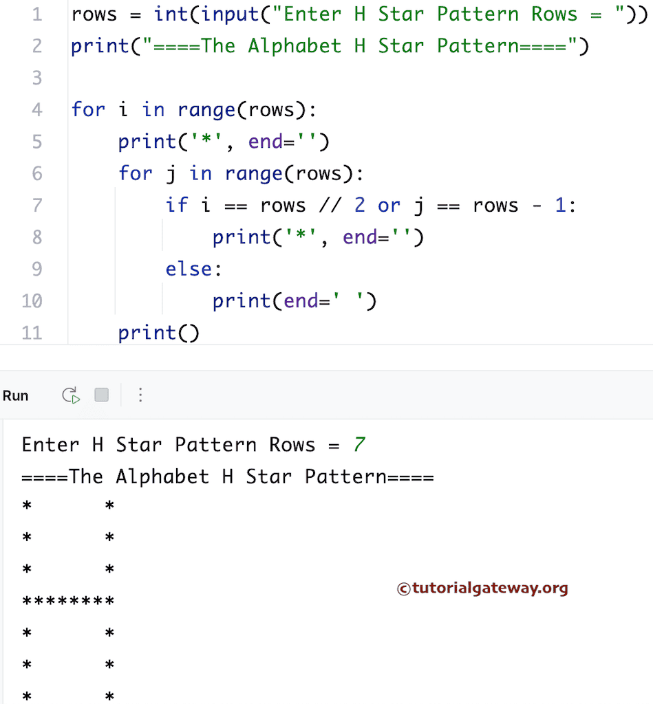 Python program to print the Alphabet H pattern of stars using for loop