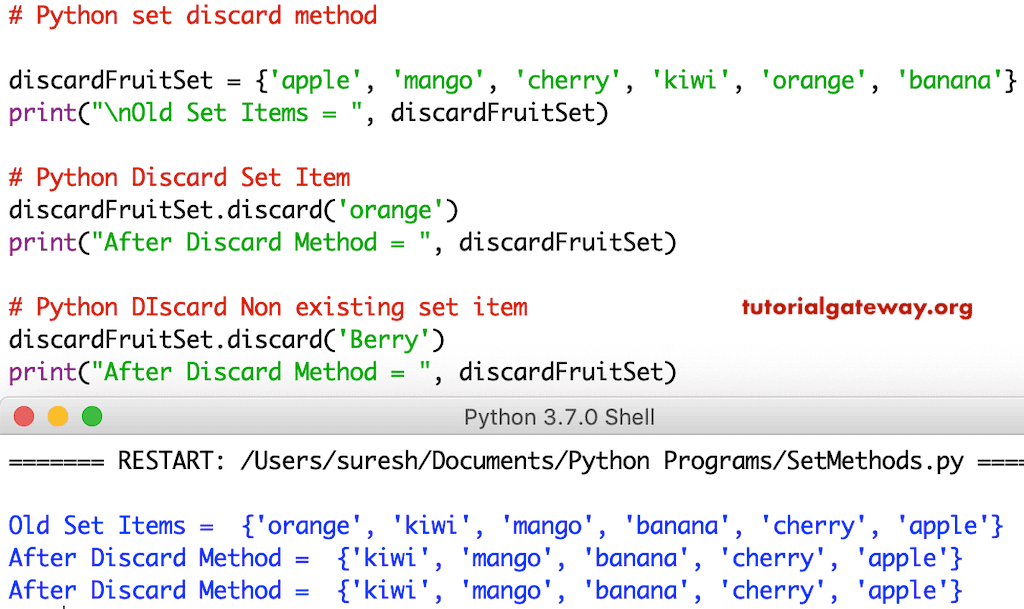 set discard method Example