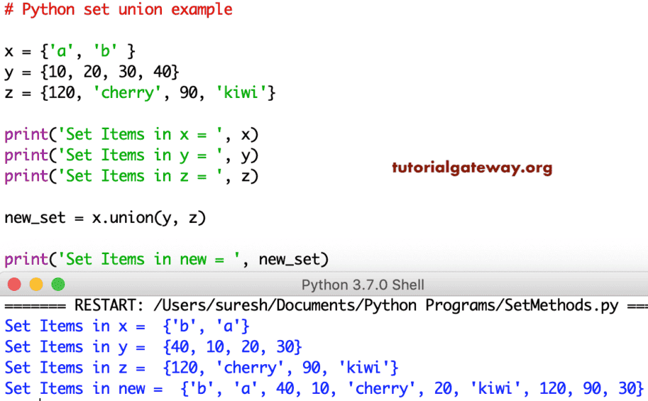 set union Function Example