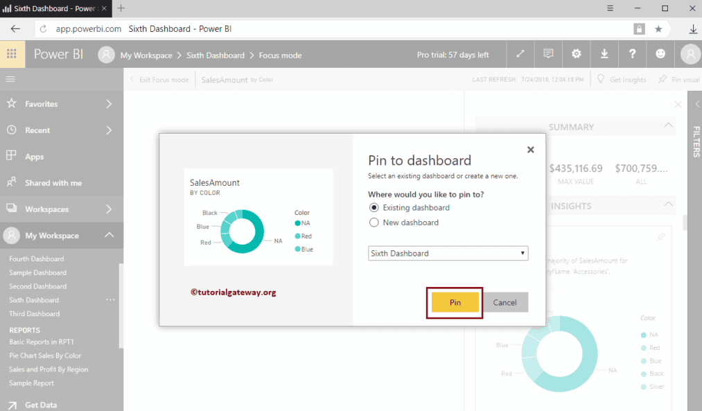 Choose Existing Dashboard option and click Pin button 8