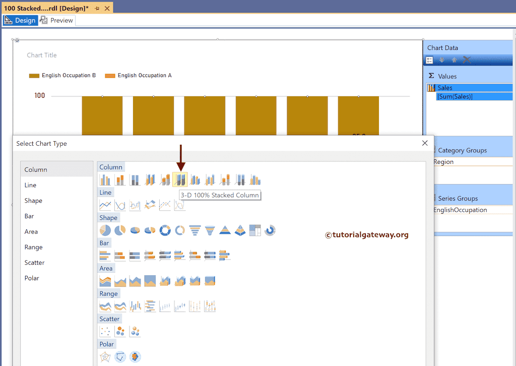 Select 3-D 100% Stacked Column Chart