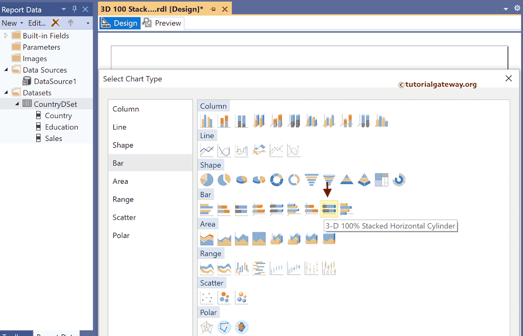 Choose the SSRS 3-D 100% Stacked Horizontal Cylinder Chart