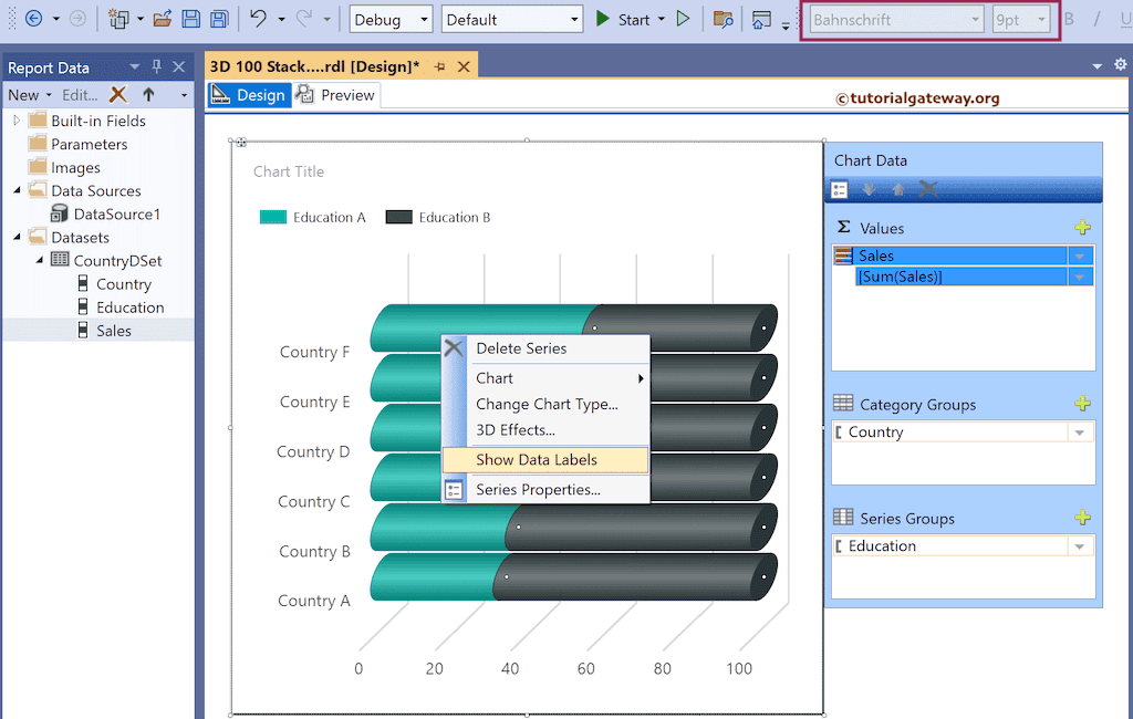 Show Data labels in SSRS 3 D 100% Stacked Horizontal Cylinder
