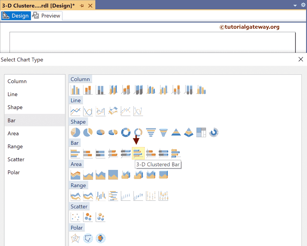 Choose the SSRS 3-D Clustered Bar Chart