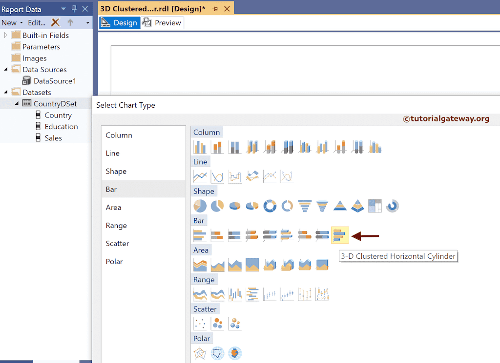 Choose the SSRS 3-D Clustered Horizontal Cylinder Chart