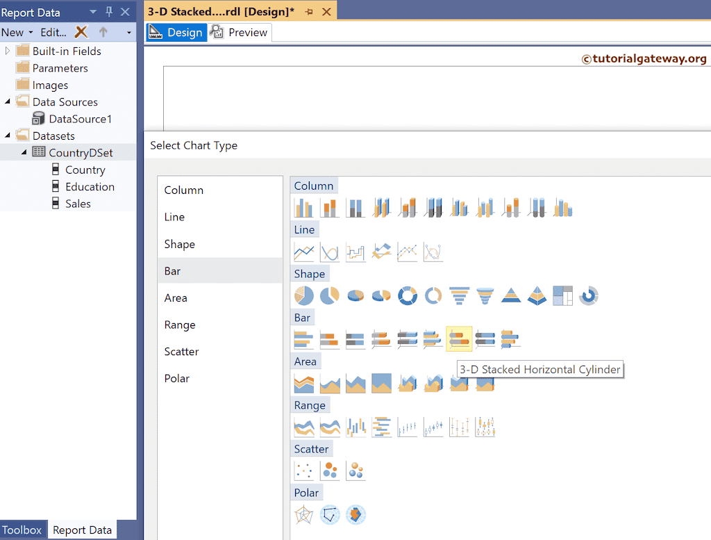 Choose SSRS 3D Stacked Horizontal Cylinder Chart