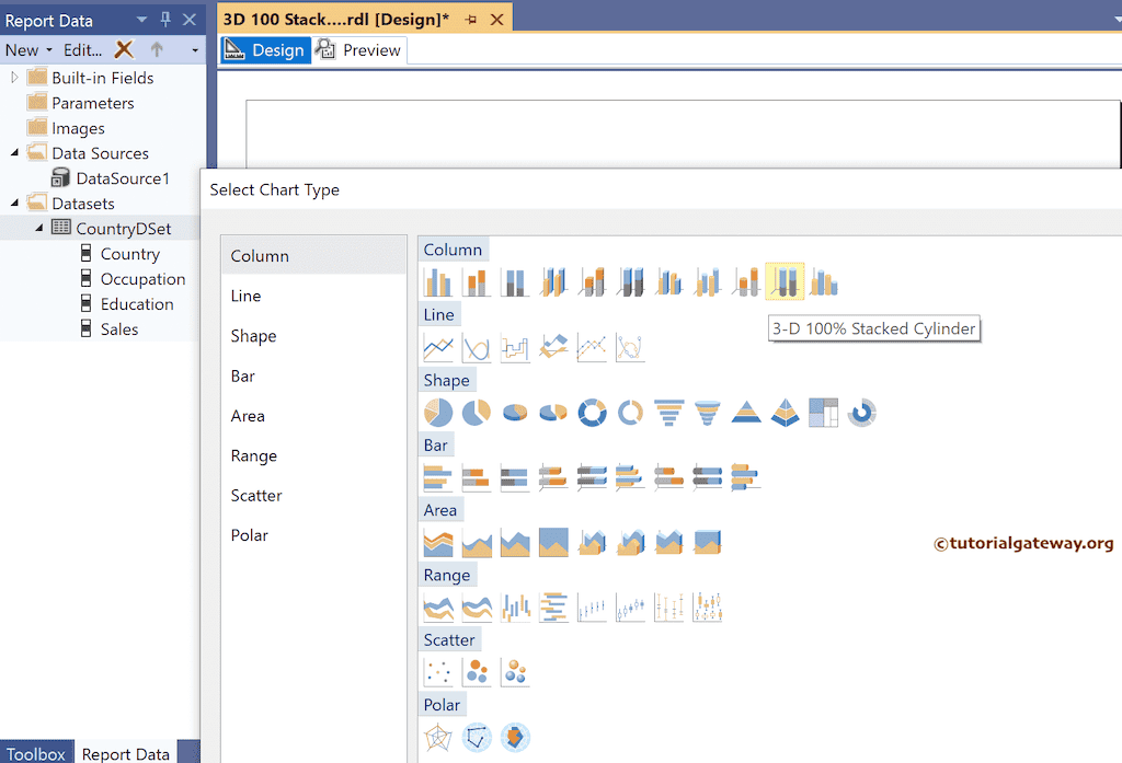 Choose SSRS 3D 100% Stacked Cylinder Chart
