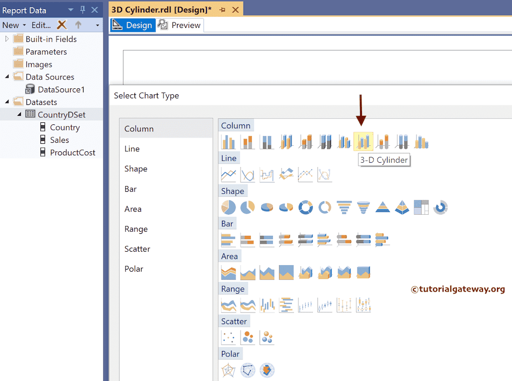 Choose the 3D Cylinder Chart from the list
