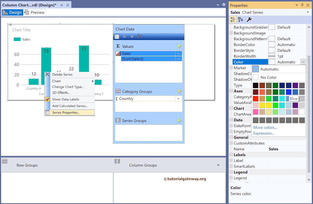 Add Custom Colors to Column Chart using Properties window
