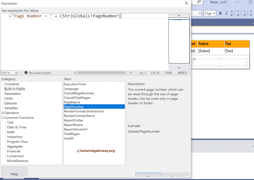 Expression to add Page Numbers to SSRS Table Report