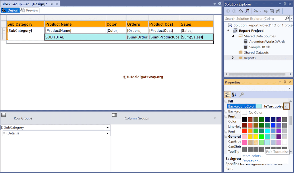 Change subtotals Background Color in SSRS Block Grouped Table Report