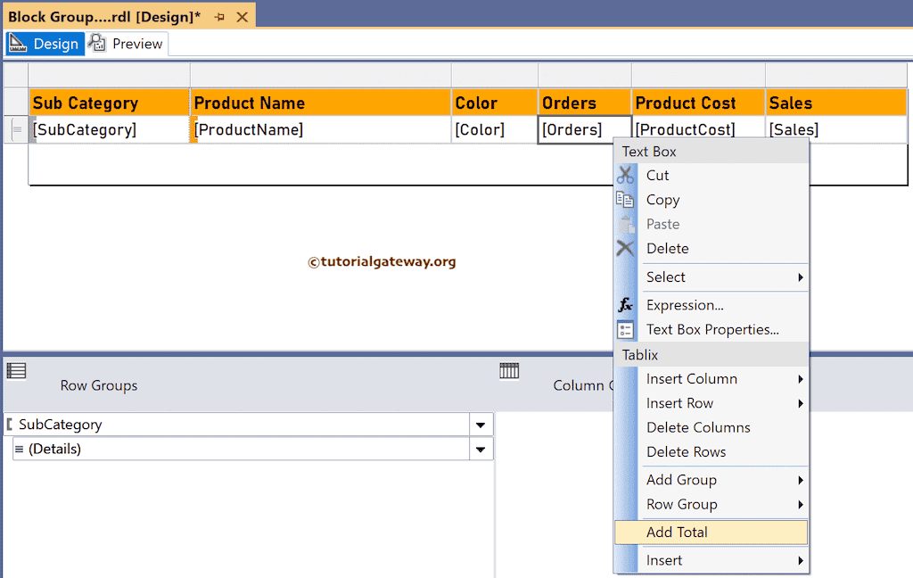 Add subtotals to SSRS Block Grouped Table Report