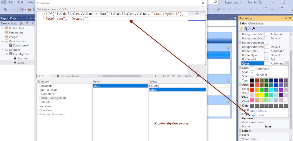Expression to Change SSRS Column Chart Min and Max Bar Colors