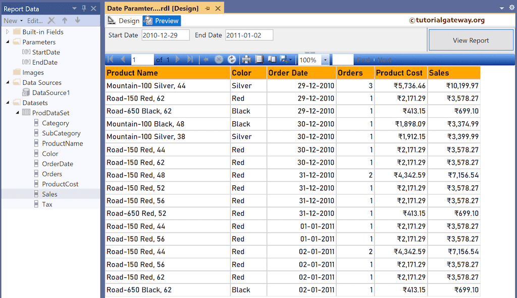 Date Parameters report Preview