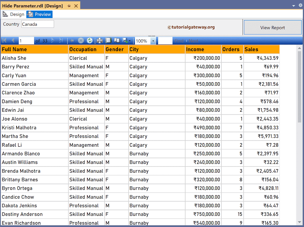 Table Report Preview