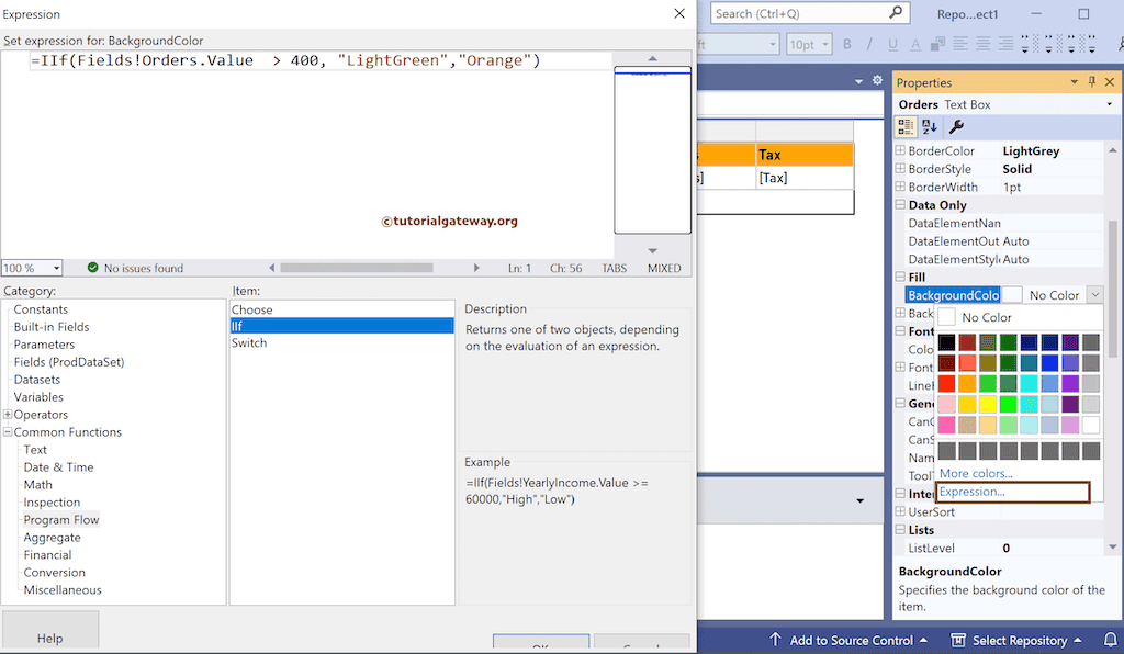 SSRS IIF conditions change the background color of a column