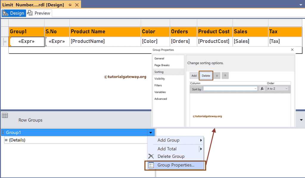 Group Properties and delete the sort by option