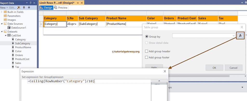 Expression to Limit Rows on each Page of the SSRS Grouped Table Report