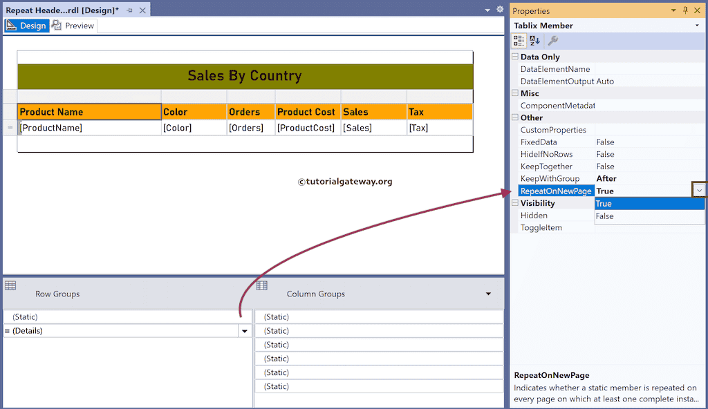 Change RepeatOnNewPage property in SSRS to Repeat Header and Title