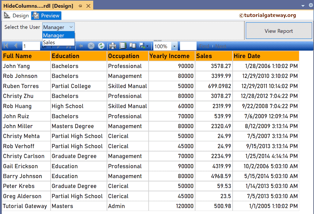 SSRS Parameter Value to Show or Hide Table Columns Preview