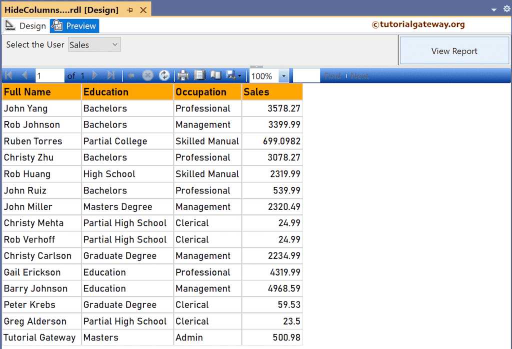 Preview of the Parameter Value to Show or Hide Table Columns