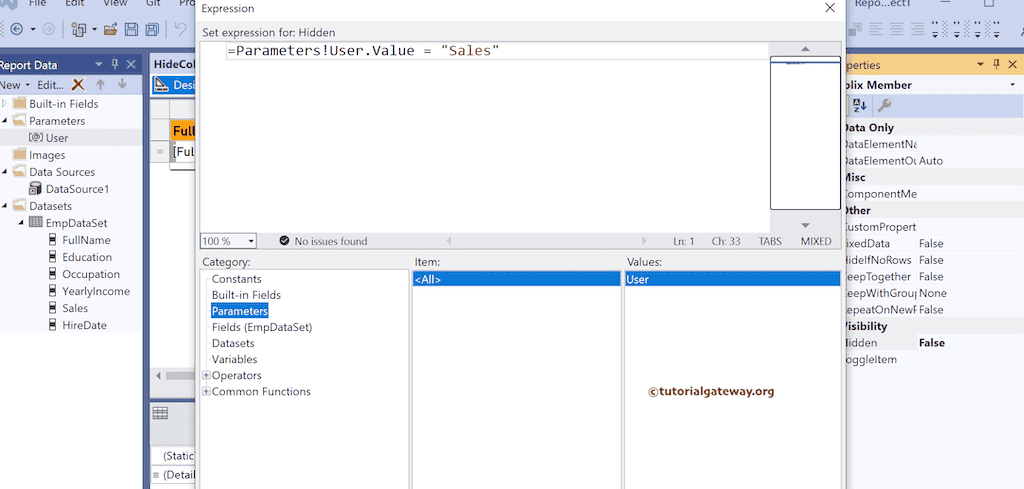 Expression for SSRS Parameter Value to Show or Hide Table Columns