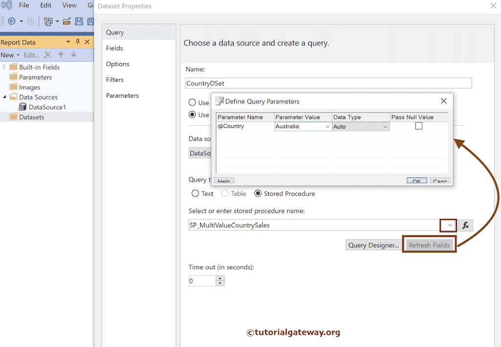 Choose the required Stored Procedure with Multi-Value Parameter for SSRS Report and Refresh Fields
