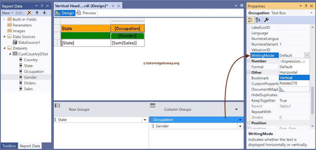 Rotate SSRS Report Headers to Vertical using WrirtingMode