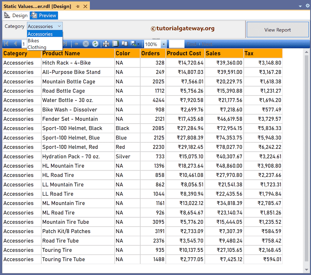 SSRS Report Parameter Static Values Preview