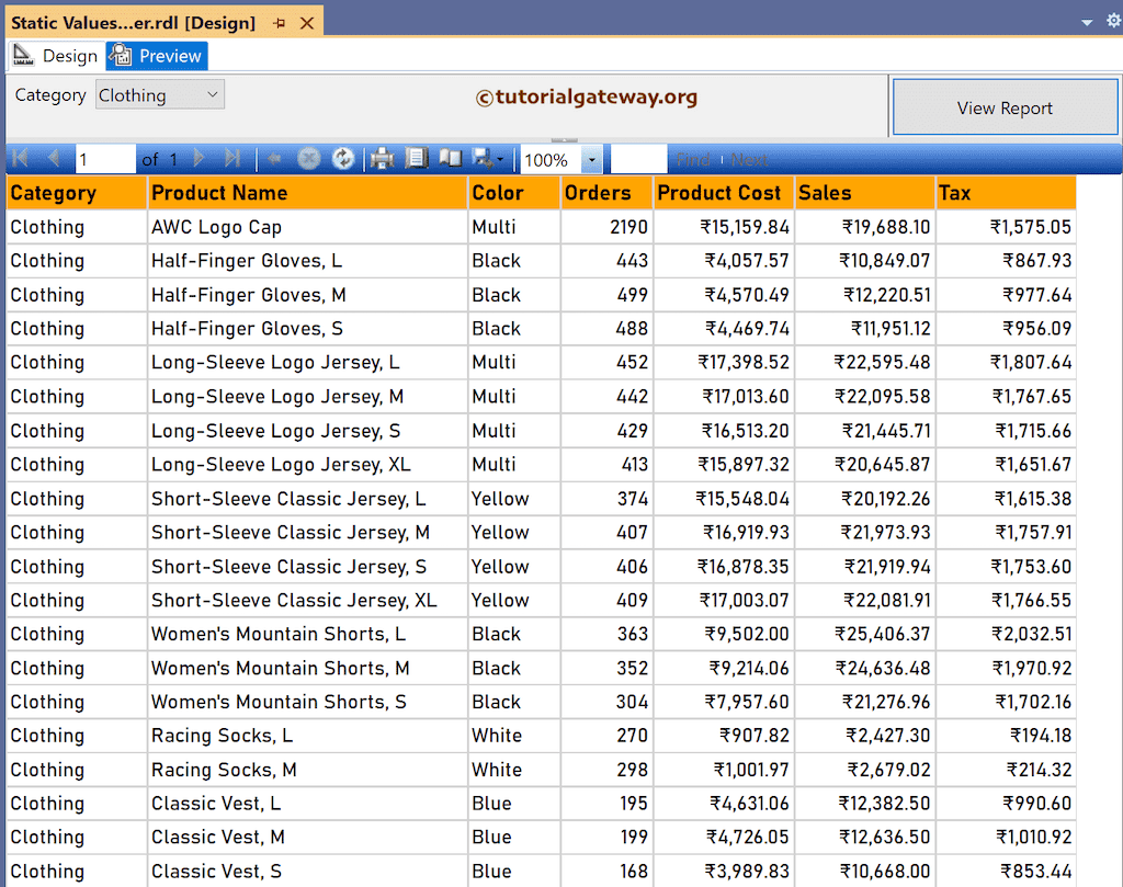 Preview of SSRS Report Parameter Static Values