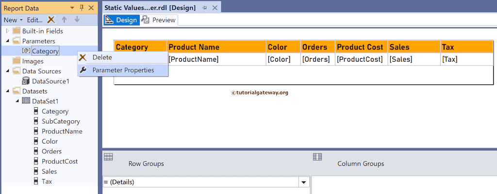 Parameter Properties window