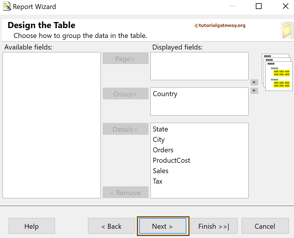 Available Columns to design SSRS Stepped Table using Report Wizard